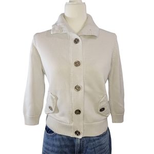 Lauren Ralph Lauren- White Button Front Waist Length Sweater